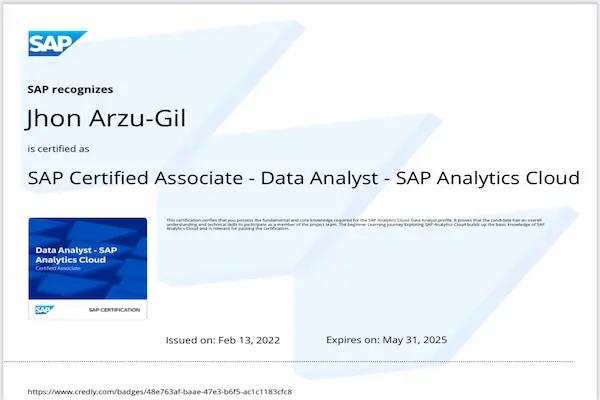 The SAP Certified Application Associate – SAP Analytics Cloud certification validates my ability to configure, model, and use SAP Analytics Cloud (SAC) to deliver data-driven insights and interactive visualizations.

Key competencies include:
Designing and building data models, stories, and dashboards for real-time business analytics
Connecting to live and imported data sources, including SAP HANA, BW, and third-party databases
Implementing data security and access control using roles and permissions
Creating predictive scenarios, smart insights, and value driver trees using built-in AI/ML capabilities
Applying planning and forecasting tools for strategic performance management
Collaborating with stakeholders through story sharing, commenting, and version control

This certification demonstrates my proficiency in delivering actionable insights using SAP Analytics Cloud, making me capable of supporting